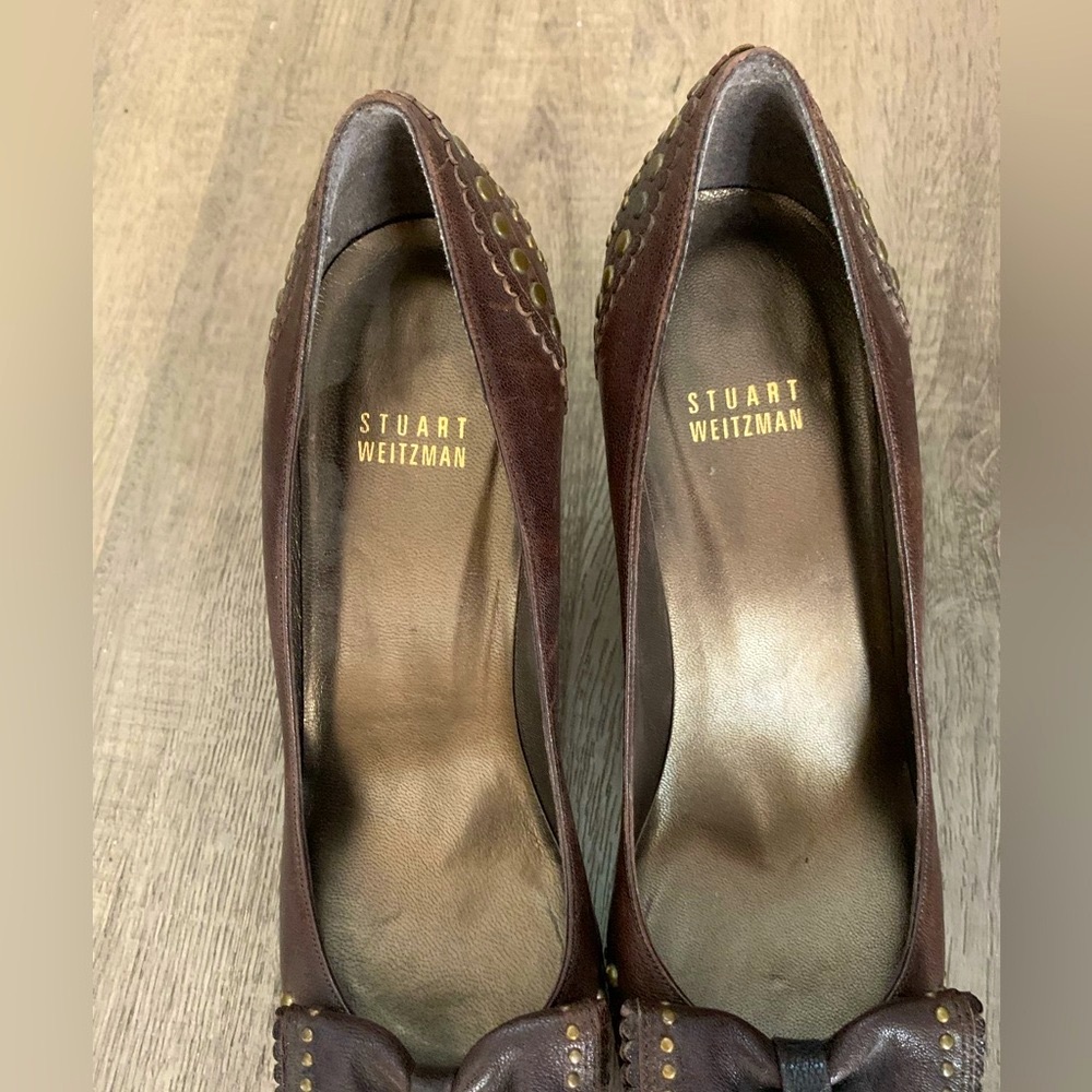 Stuart Weirzman Vintage Y2K Office siren Brown Leather Studded Bow Heels… - Picture 9 of 15
